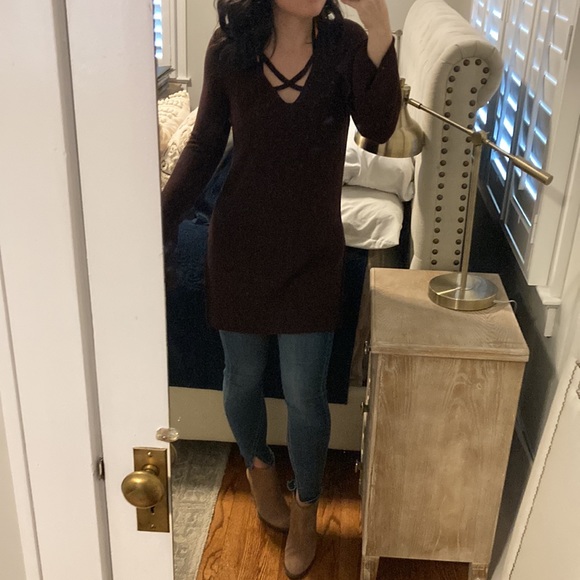 Free People Sweaters - Free People Brown Criss Cross Knit Tunic Sweater M
